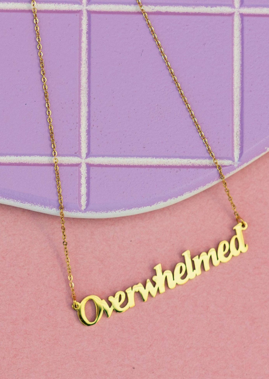 Peach Fuzz | Overwhelmed Nameplate Necklace | Les Sol | Minneapolis